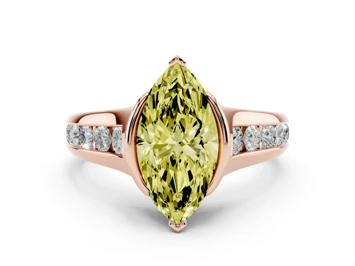 Fancy Yellow Marquise Cut Diamond Bezel-Set Solitaire Ring Set in Rose gold with Channel-Set Band