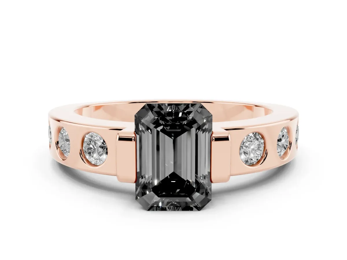 Fancy Black Emerald Cut Diamond Channel-Set Band Ring Set in Rose gold with Bezel Prong Setting