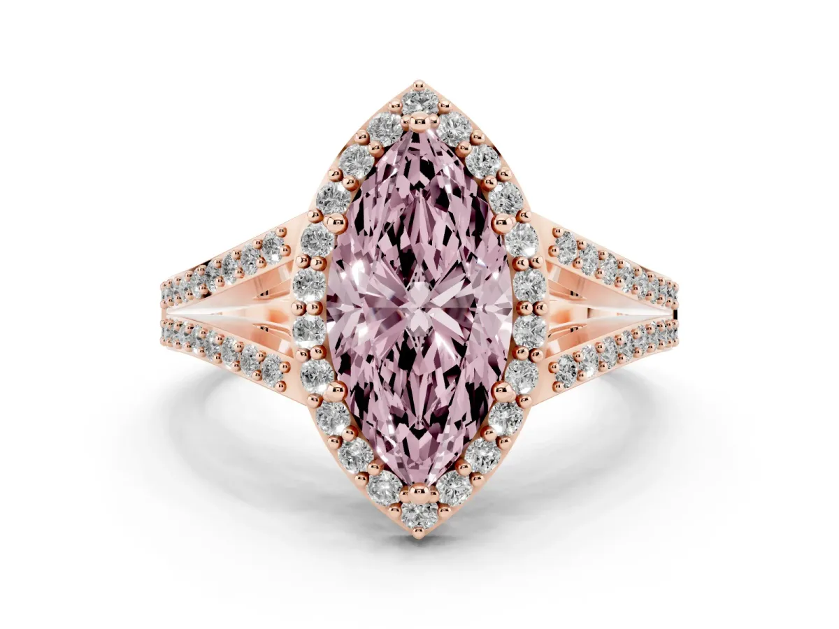 Fancy Pink Marquise Cut Diamond Halo Split Shank Pavé Ring Set in Rose gold with Prong Setting