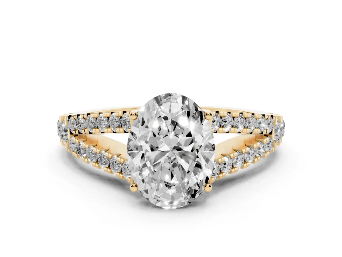 Oval Cut Diamond Split Shank Pavé Engagement Ring Set in Yellow gold with Prong-Held Center Stone