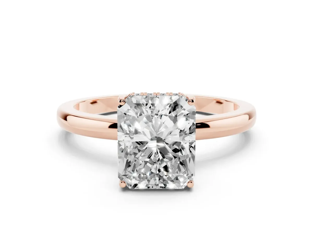 Radiant Cut Diamond Solitaire Ring Set in Rose gold with Plain Band and Prong Setting