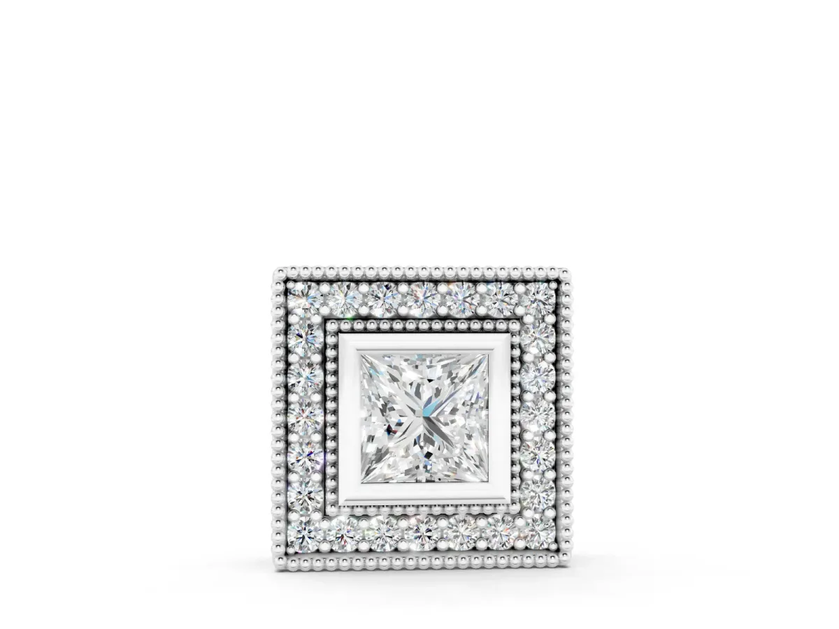 Princess Cut Square Halo Pendant Set in White gold with Bezel Setting and Side Detail