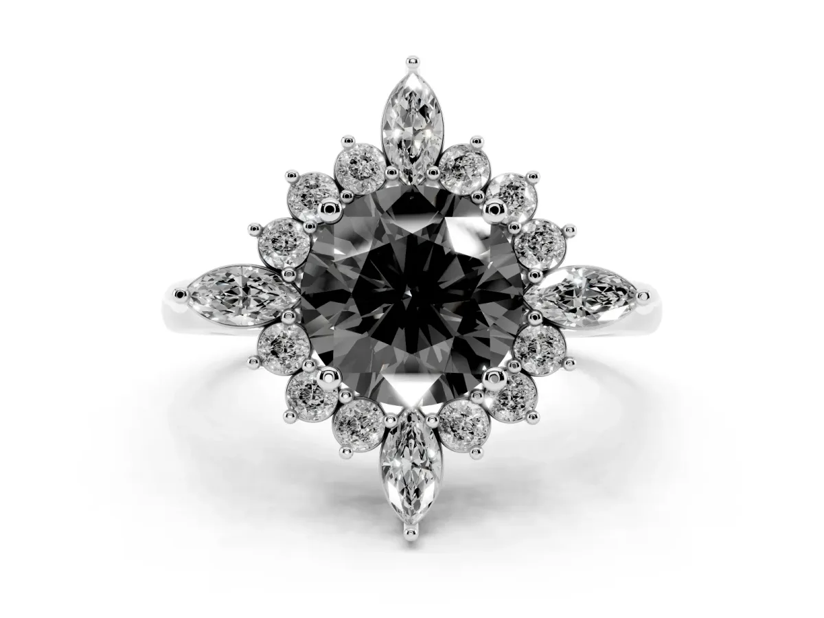 Fancy Black Round Cut Diamond Cluster Halo Ring Set in Platinum with Marquise and Round Accents