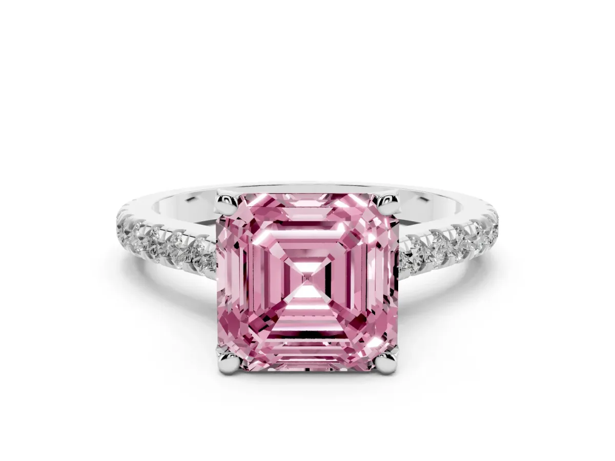 Fancy Pink Asscher Cut Diamond Solitaire Ring Set in White gold with Brilliant Pavé Band and Prong Setting
