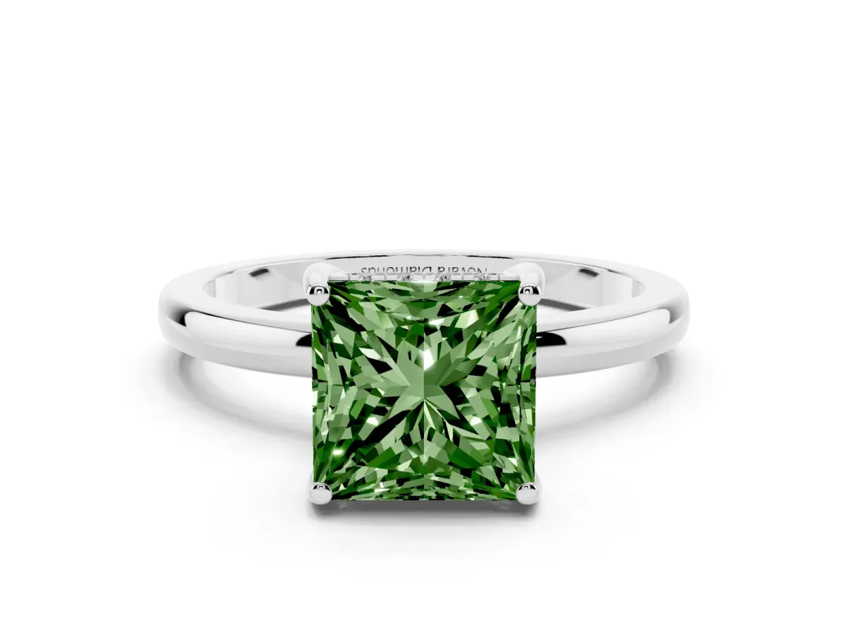 Fancy Green Princess Cut Diamond Solitaire Ring Set in Silver with Plain Band and Prong Setting