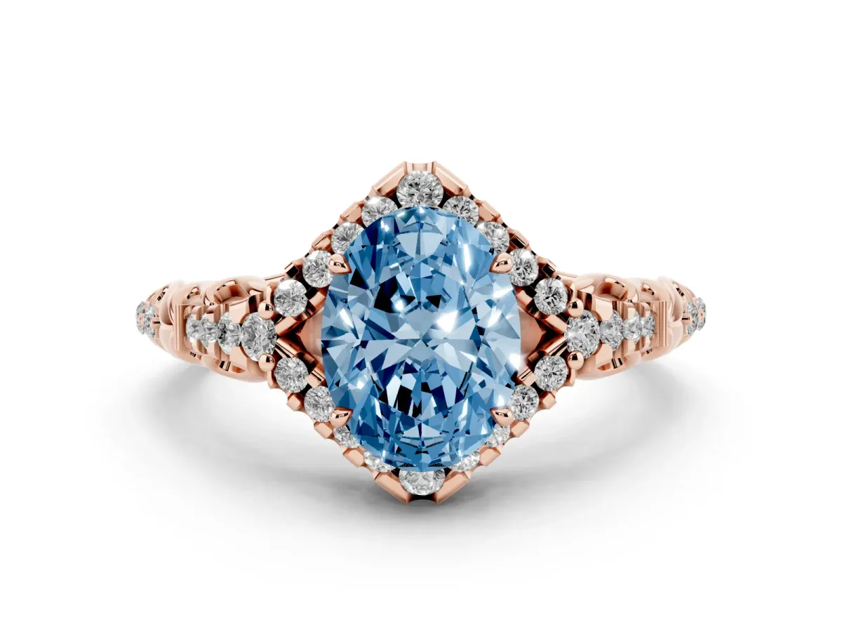 Fancy Blue Oval Cut Diamond Solitaire Ring Set in Rose gold with Hidden Halo and Pavé Band