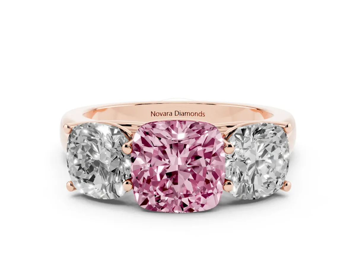 Fancy Pink Cushion Cut Diamond Three-Stone Ring Set in Rose gold with Plain Polished Band
