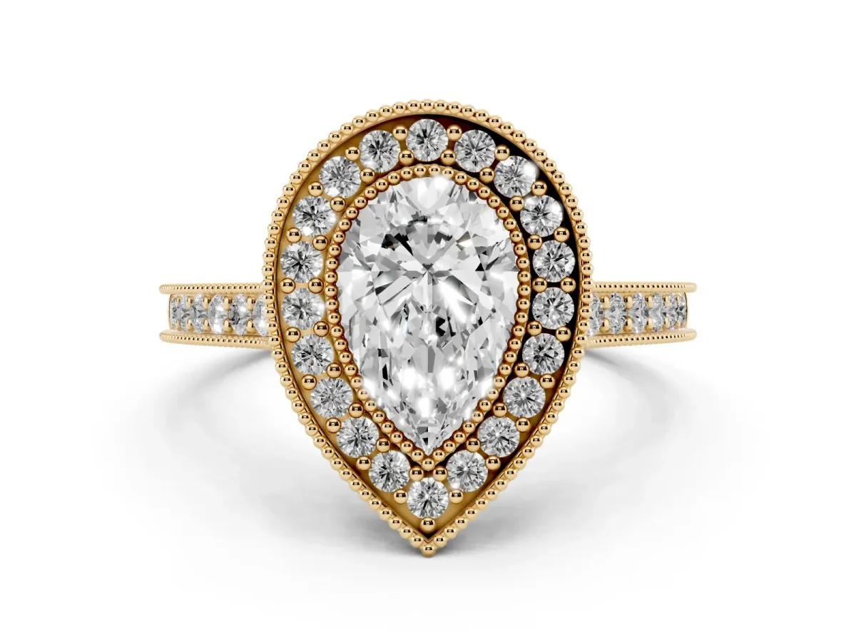Pear Cut Diamond Halo Milgrain Pavé Band Ring Set in Yellow gold with Prong Setting