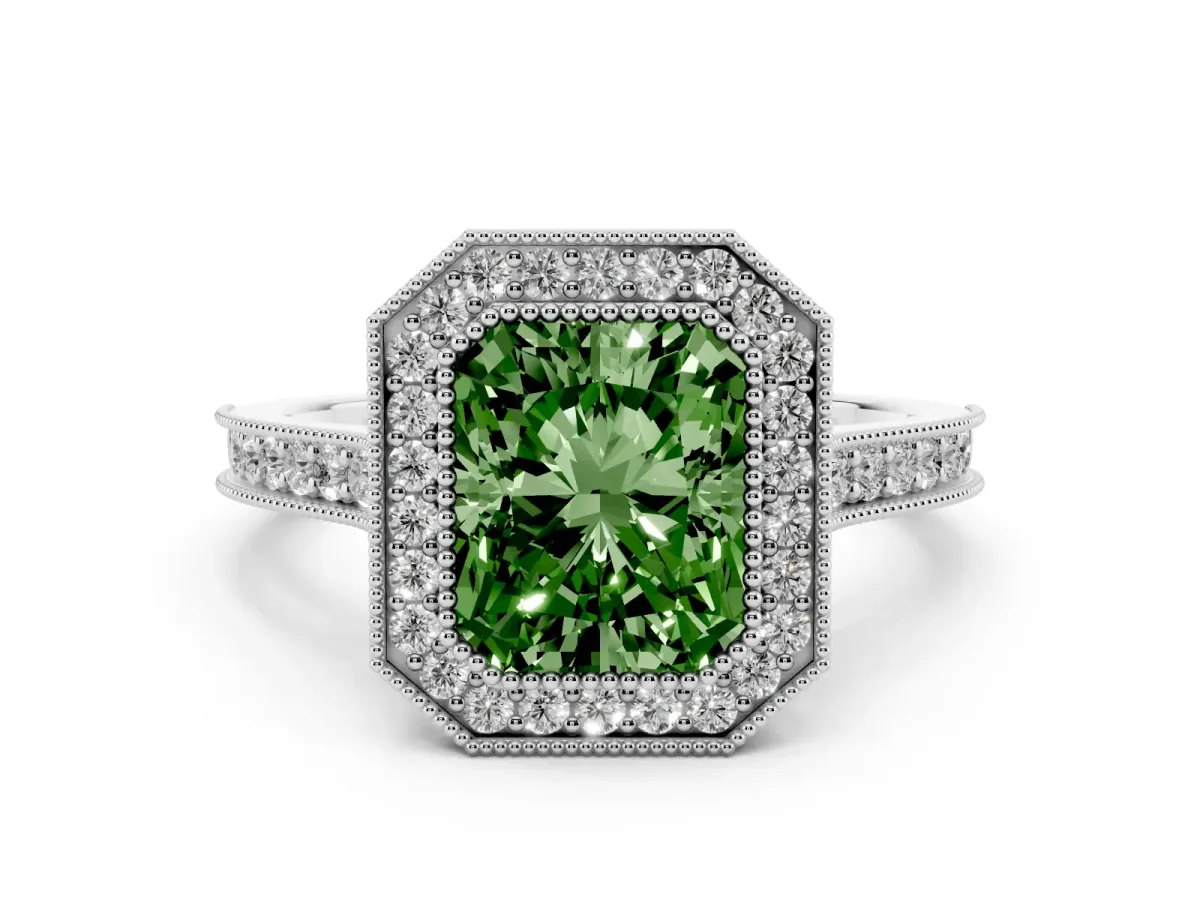 Fancy Green Radiant Cut Diamond Halo Milgrain Pavé Band Ring Set in Platinum with Prong Setting