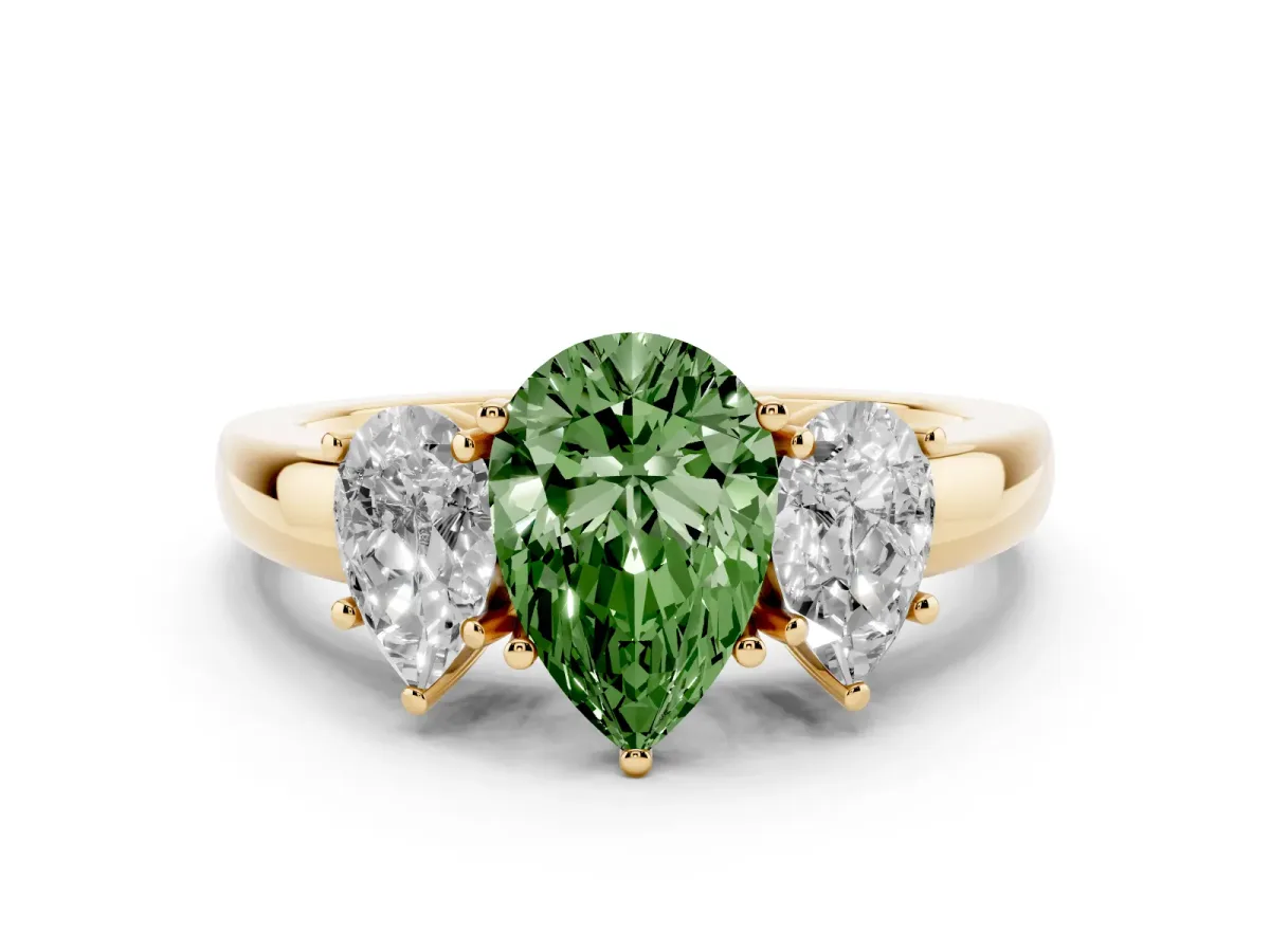 Fancy Green Pear Cut Diamond Three-Stone Ring Set in Yellow gold with Bold Center and Classic Band