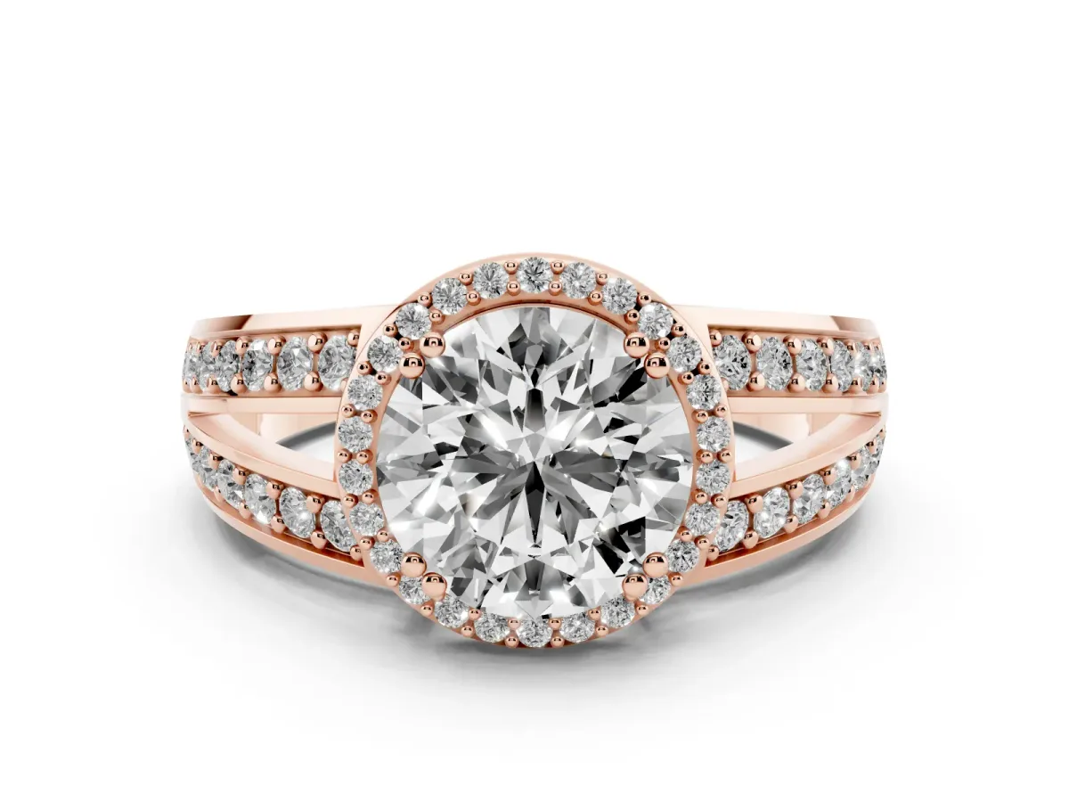 Round Cut Diamond Halo Ring Set in Rose gold with Double Pavé Split Shank