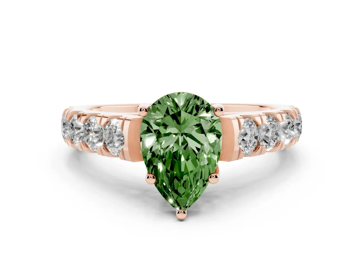 Fancy Green Pear Cut Diamond Solitaire Ring Set in Rose gold with Cut-Down Micro Pavé Band and Prong Setting