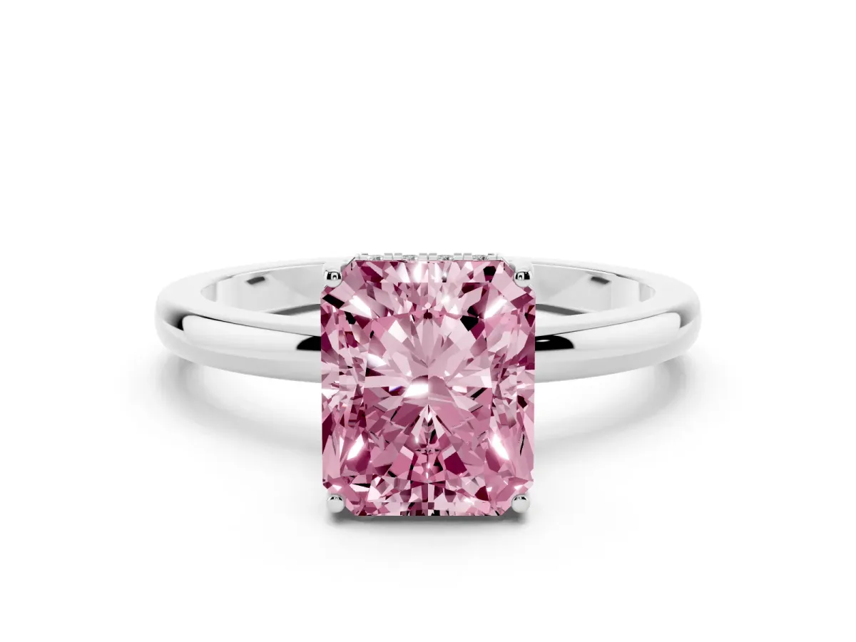 Fancy Pink Radiant Cut Diamond Solitaire Ring Set in Silver with Plain Band and Prong Setting