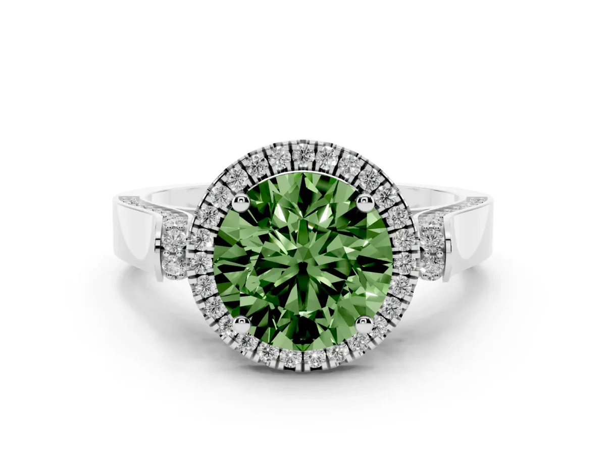 Fancy Green Round Cut Diamond Halo Ring Set in White gold with Pavé-Lined Split Shank Band