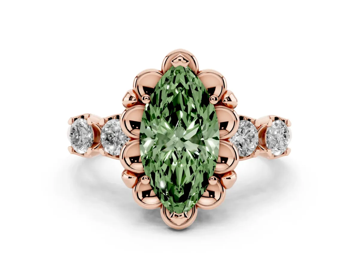 Fancy Green Marquise Cut Diamond Floral Halo Ring Set in Rose gold with Shared Prong Band