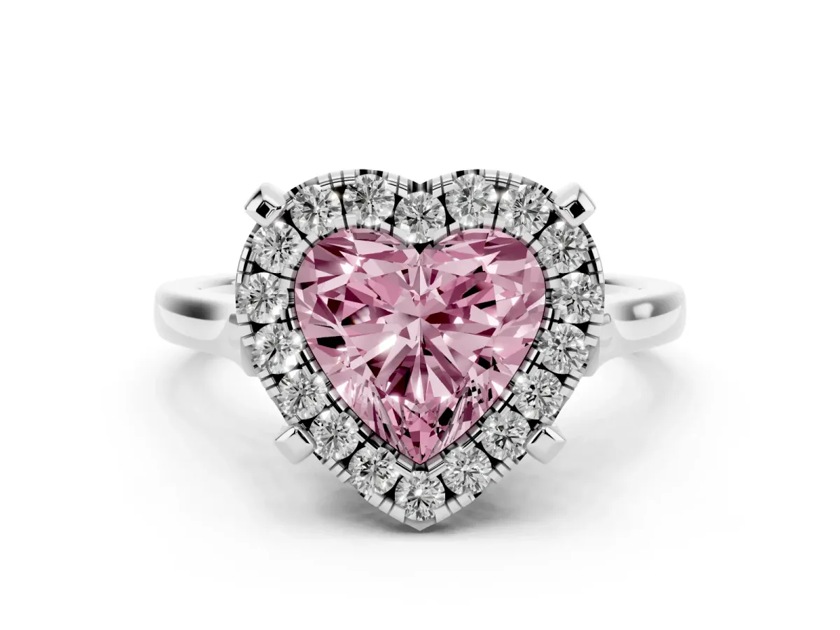 Fancy Pink Heart Cut Diamond Cluster Halo Solitaire Ring Set in Silver with Prong Setting