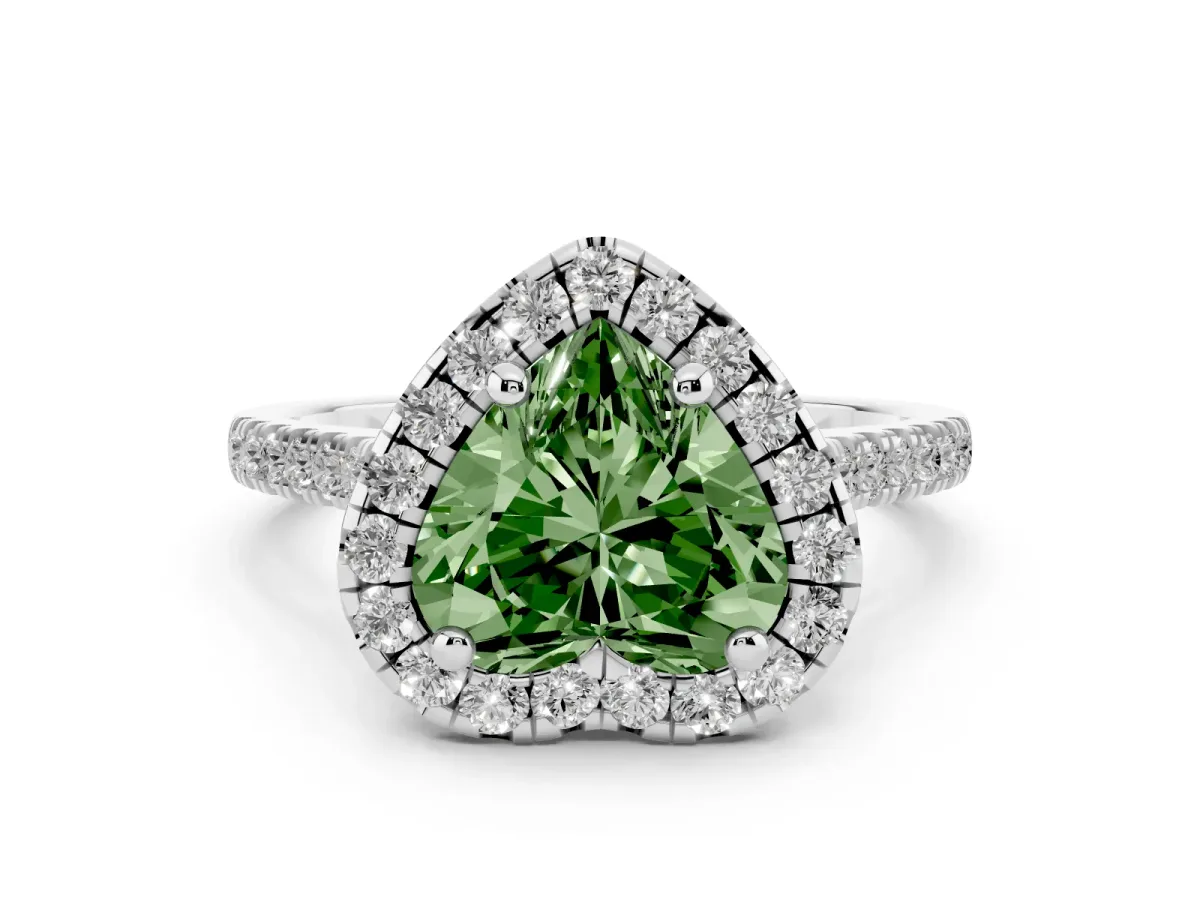 Fancy Green Heart Cut Diamond Cushion Halo Ring Set in Platinum with Pavé Band