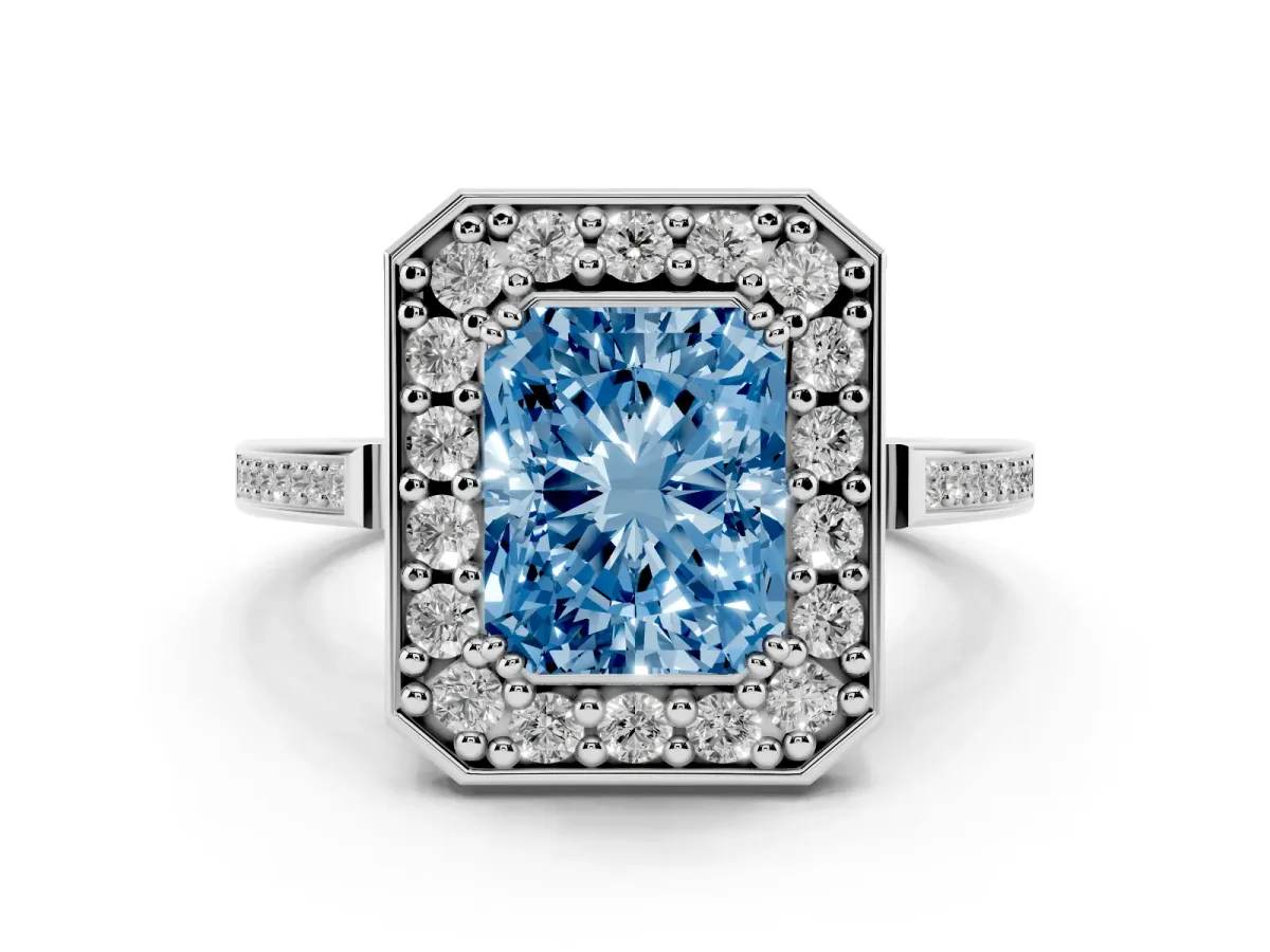 Fancy Blue Radiant Cut Diamond Halo Ring Set in White gold with Accent-Lined Split Shank and Prong Setting