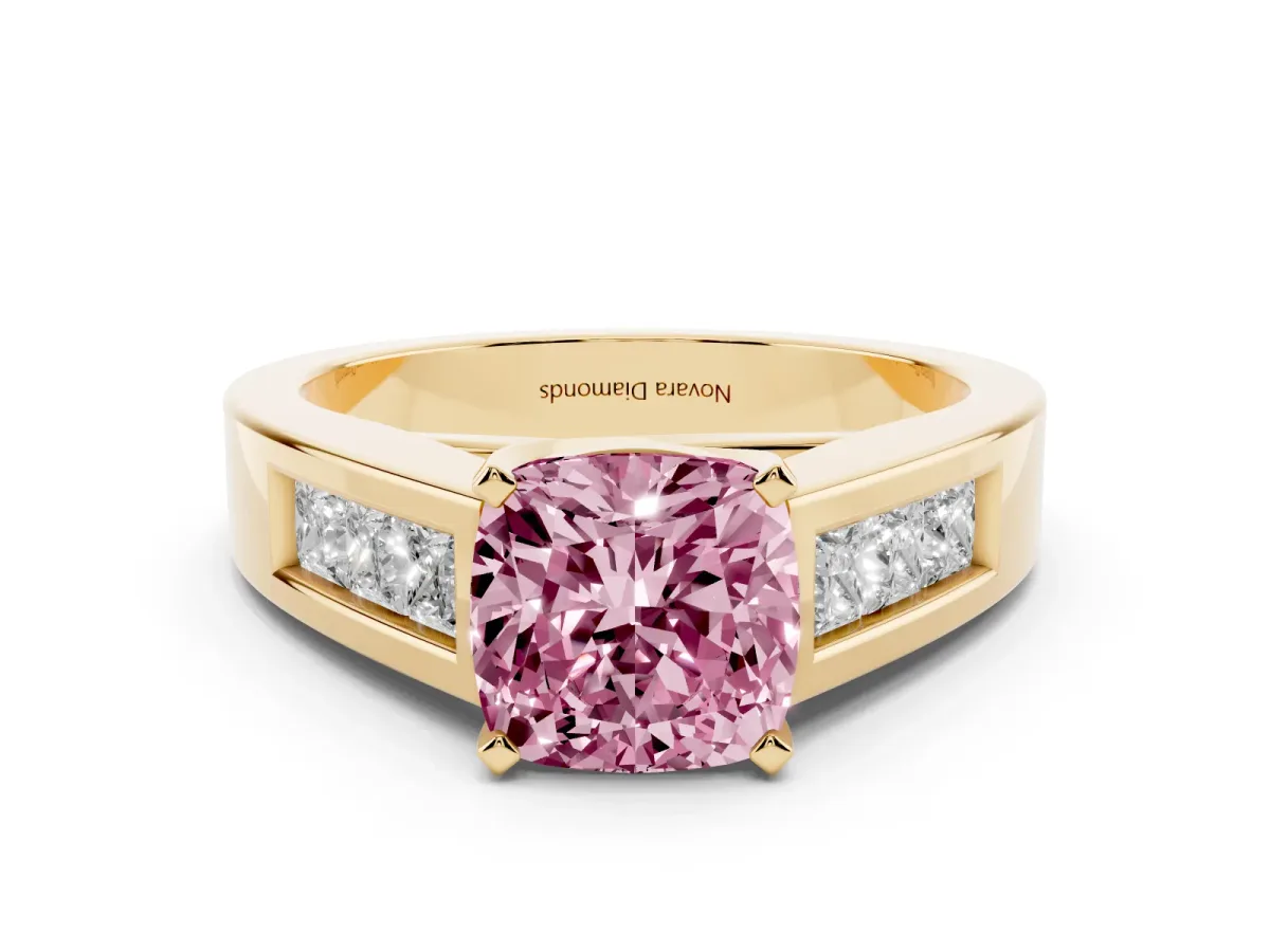 Fancy Pink Cushion Cut Diamond Solitaire Ring Set in Yellow gold with Channel-Set Accent Stones and Prong Setting