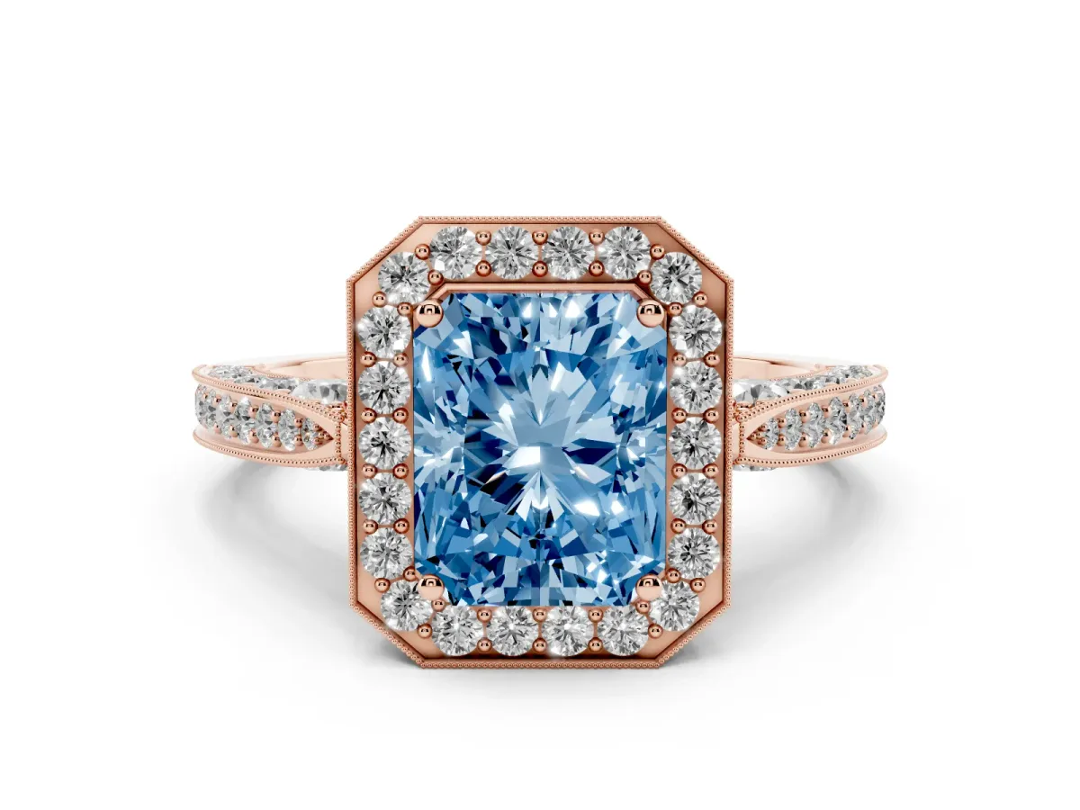Fancy Blue Radiant Cut Diamond Halo Engagement Ring Set in Rose gold with Accent Split Shank Band