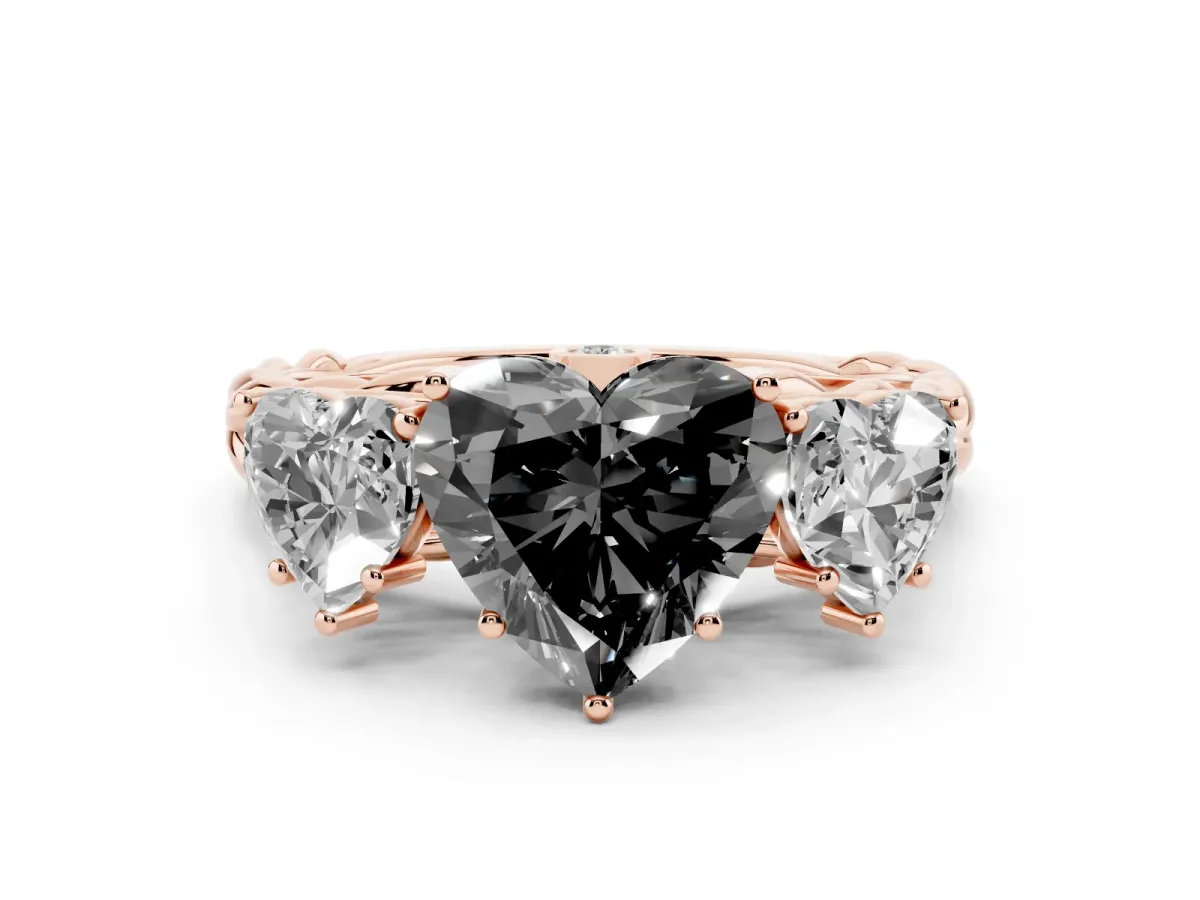 Fancy Black Heart Cut Diamond Three-Stone Ring Set in Rose gold with Braided Band