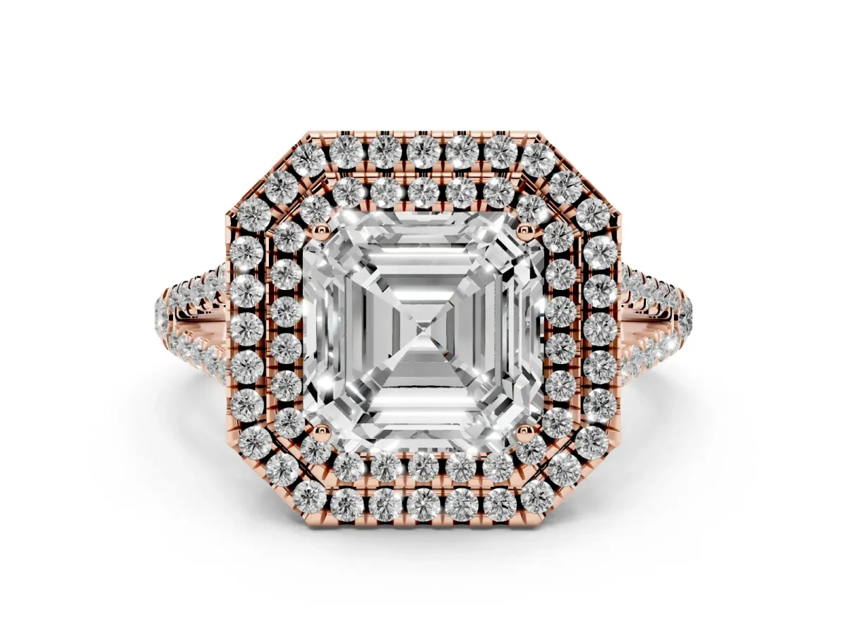 Asscher Cut Diamond Double Halo Ring Set in Rose gold with Pavé Band