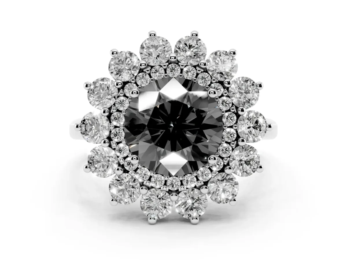 Fancy Black Round Cut Diamond Floral Double Halo Ring Set in Silver with Round Petals