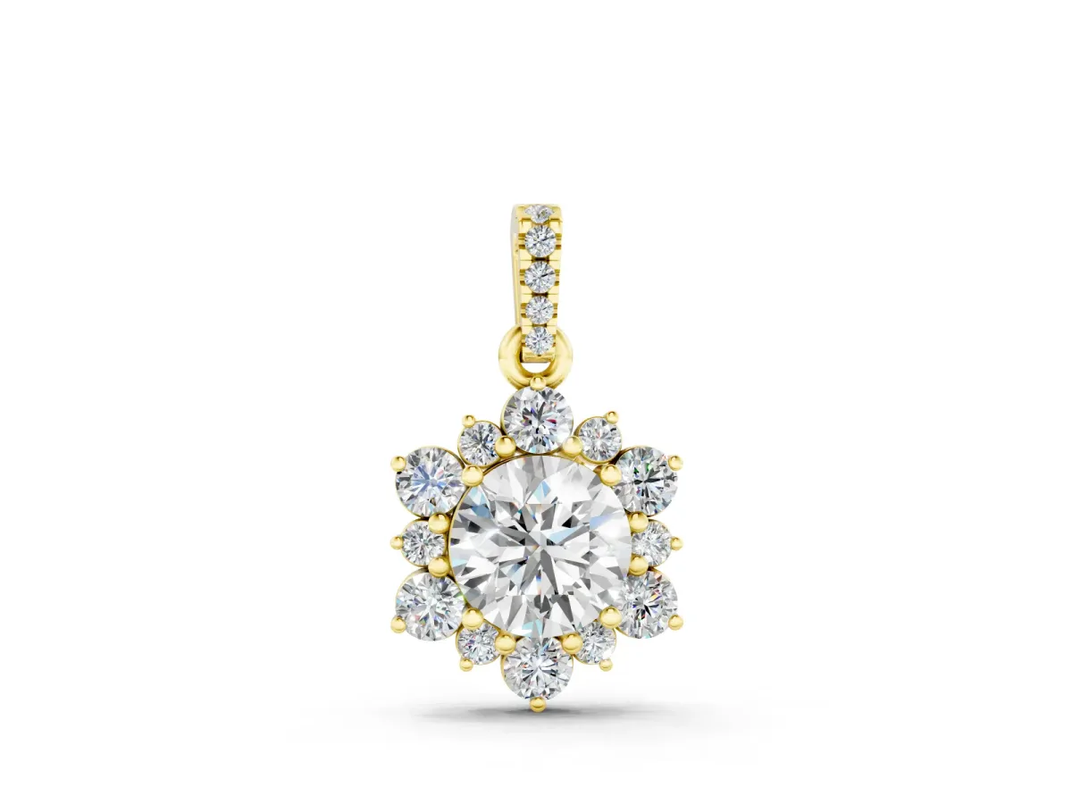 Round Brilliant Cluster Diamond Pendant Set in Yellow gold with Floral Prong Setting