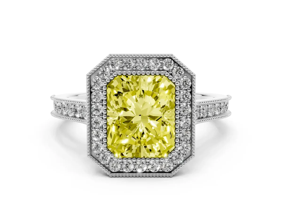Fancy Yellow Radiant Cut Diamond Halo Milgrain Pavé Band Ring Set in White gold with Prong Setting