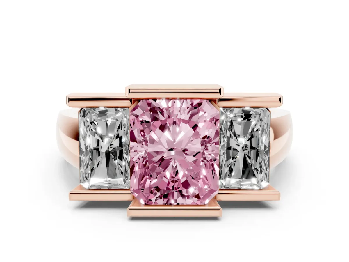 Fancy Pink Radiant Cut Diamond Three-Stone Channel Set Ring Set in Rose gold with Smooth Polished Band