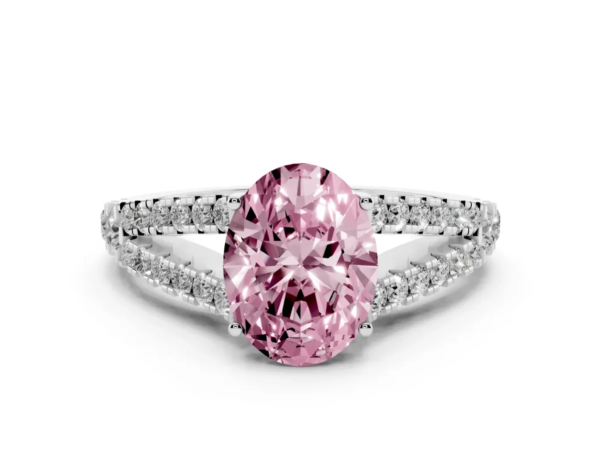 Fancy Pink Oval Cut Diamond Split Shank Pavé Engagement Ring Set in Platinum with Prong-Held Center Stone