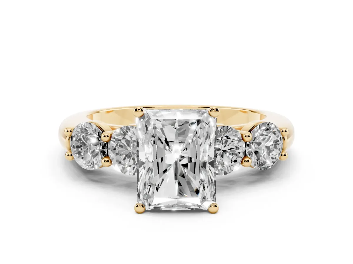 Radiant Cut Diamond Five-Stone Prong Set Ring Set in Yellow gold with Classic Band