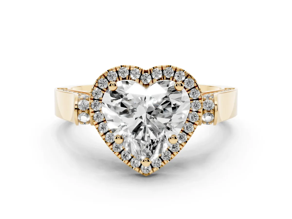 Heart Cut Diamond Halo Ring Set in Yellow gold with Twist Band and Pavé Accents