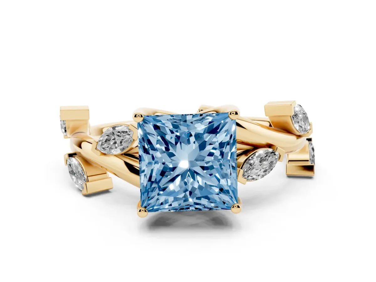 Fancy Blue Princess Cut Diamond Solitaire Ring Set in Yellow gold with Twisted Marquise Accent Band