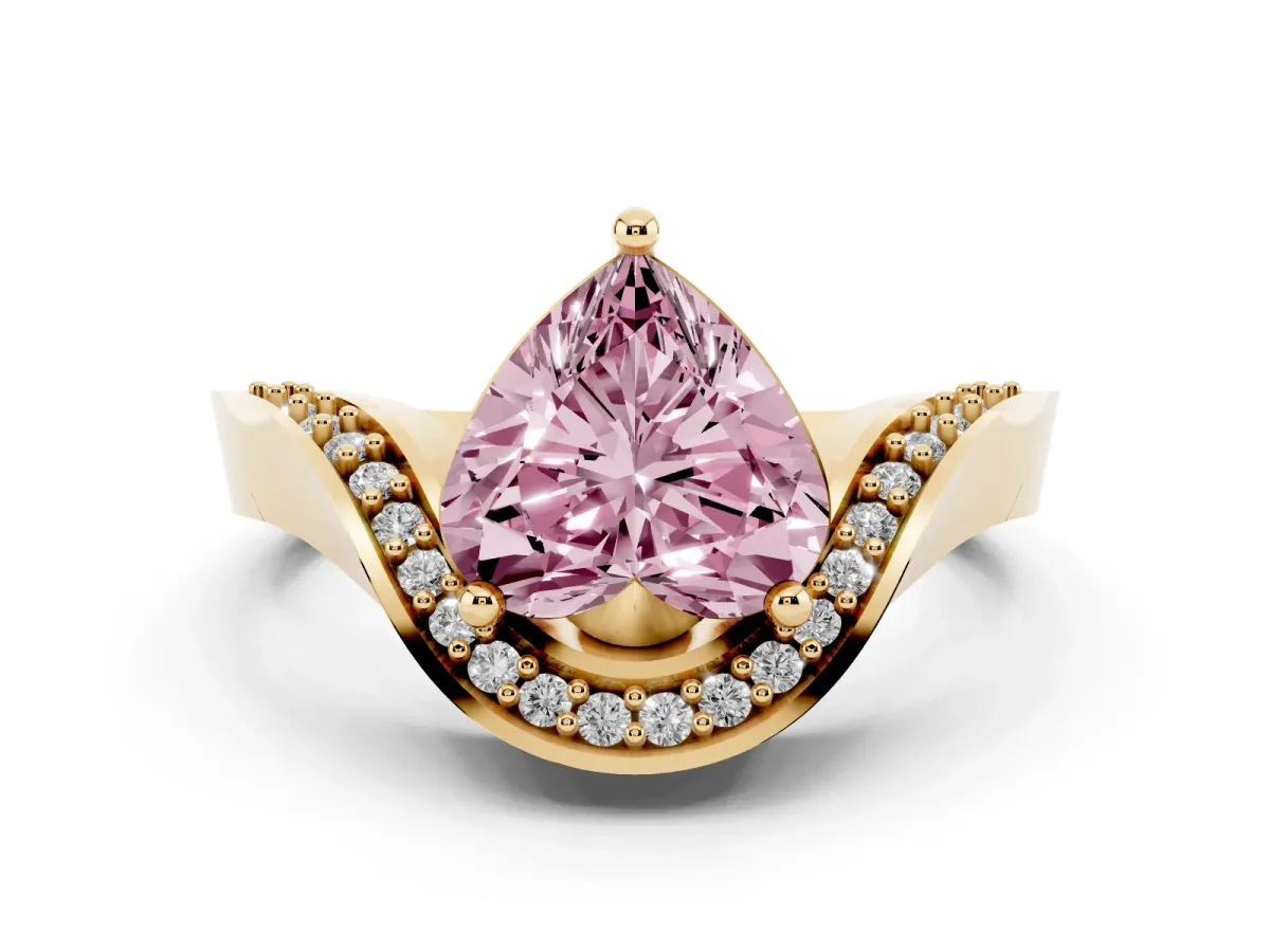 Fancy Pink Heart Cut Diamond Solitaire Engagement Ring Set in Yellow gold with Pavé Shoulders
