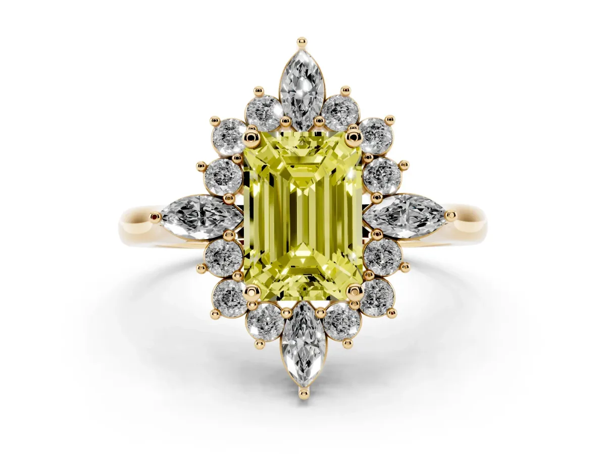 Fancy Yellow Emerald Cut Diamond Cluster Halo Ring Set in Yellow gold with Marquise and Round Accents