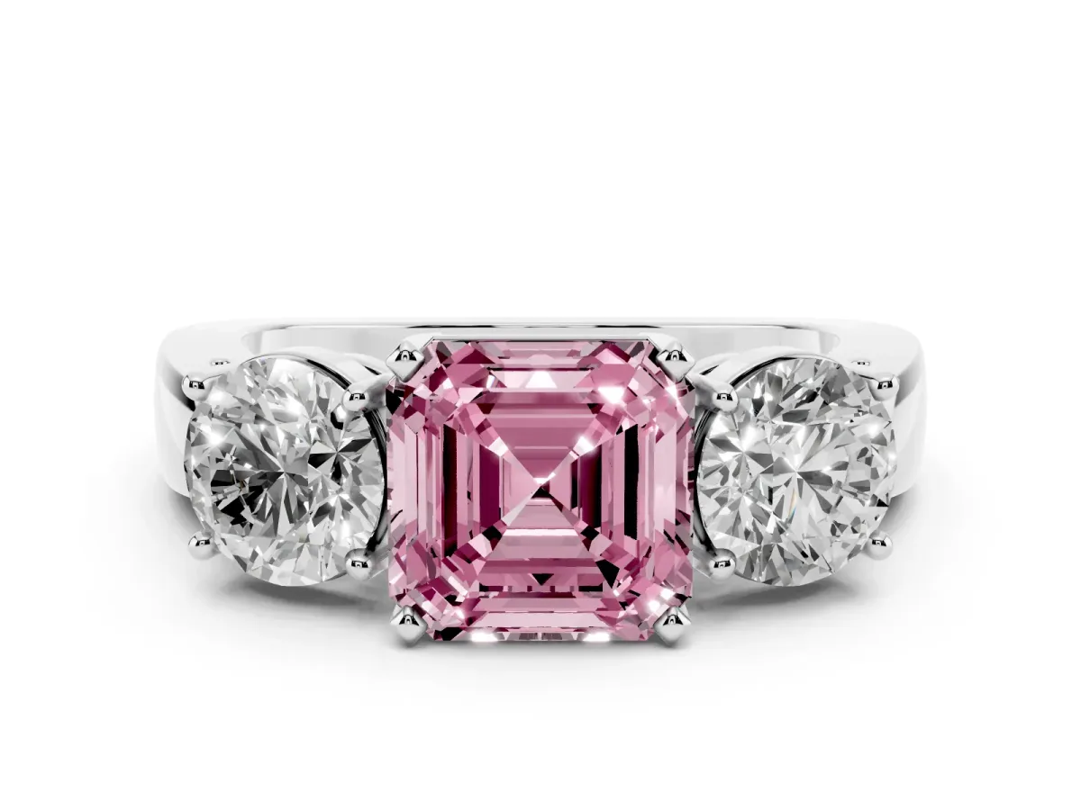 Fancy Pink Asscher Cut Diamond Three-Stone Ring Set in White gold with Round Side Stones and Classic Band