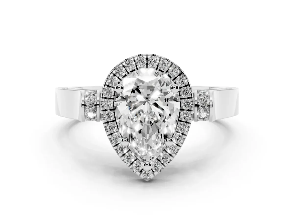 Pear Cut Diamond Halo Ring Set in Platinum with Pavé-Lined Split Shank Band