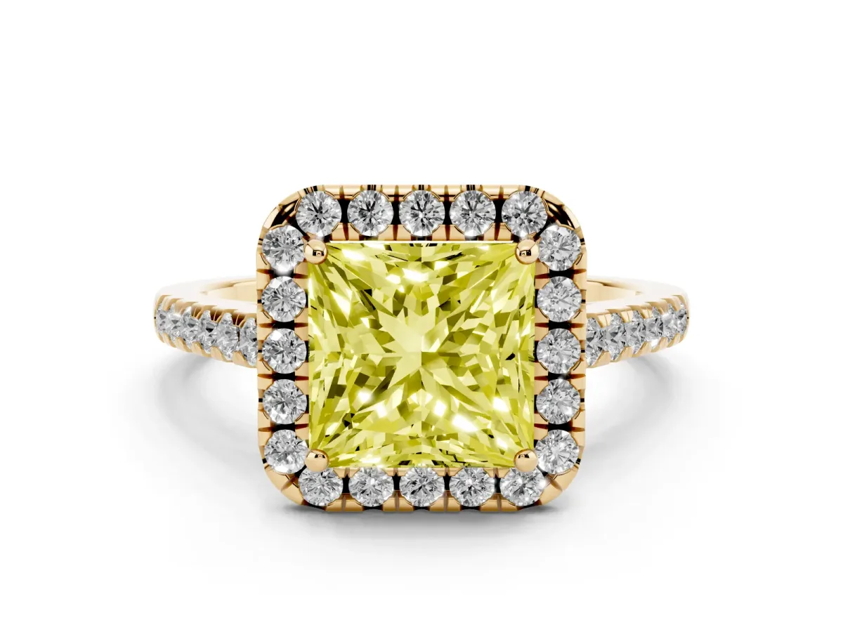 Fancy Yellow Princess Cut Diamond Halo Pavé Engagement Ring Set in Yellow gold with Prong Setting