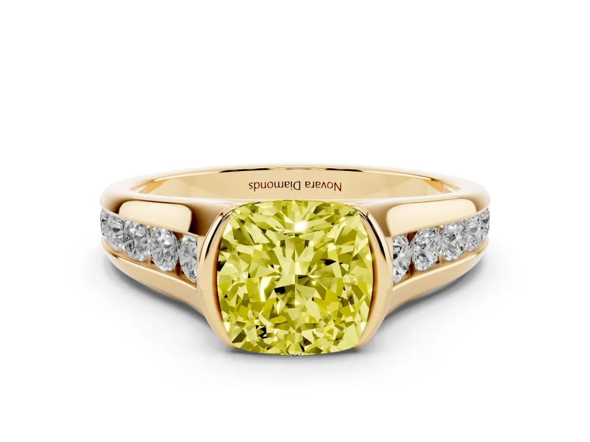 Fancy Yellow Cushion Cut Diamond Bezel-Set Solitaire Ring Set in Yellow gold with Channel-Set Band