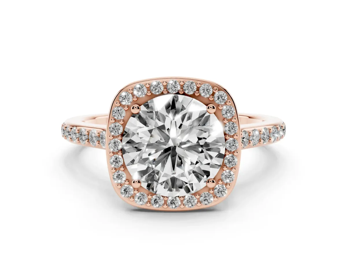 Round Cut Diamond Halo Engagement Ring Set in Rose gold with Round Pavé Shoulders and Heart Gallery