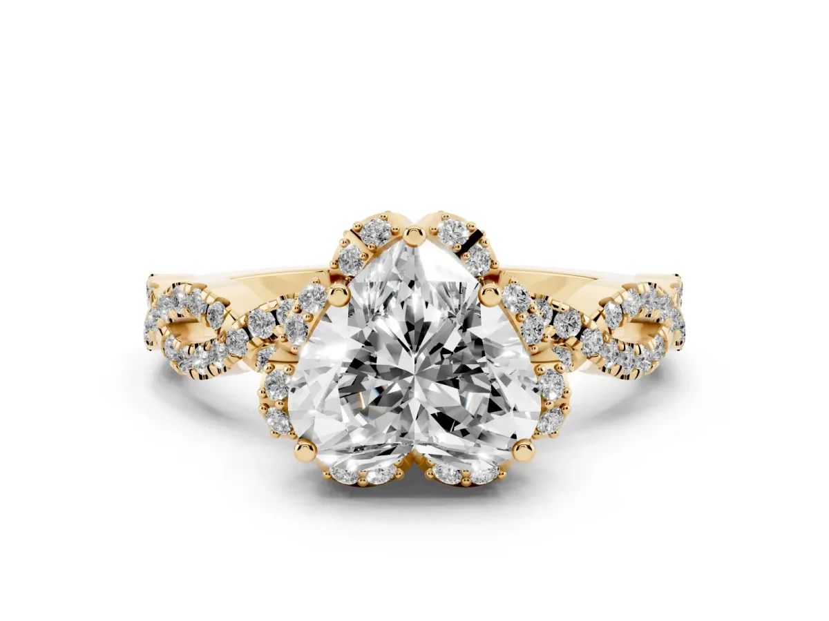 Heart Cut Diamond Halo Twist Band Solitaire Ring Set in Yellow gold with Prong-Set Center Stone