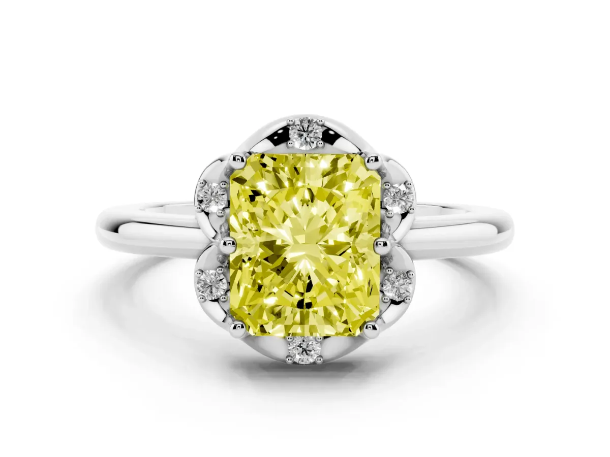 Fancy Yellow Radiant Cut Diamond Round Cluster Halo Ring Set in Platinum with Solitaire Band and Prong Setting
