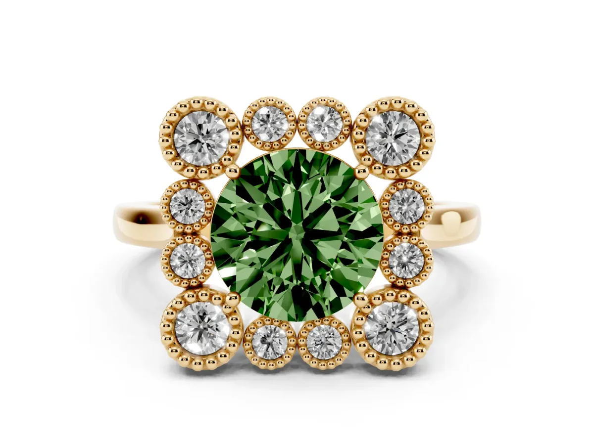 Fancy Green Round Cut Diamond Cluster Halo Ring Set in Yellow gold with Milgrain Bezel Accents and Plain Band