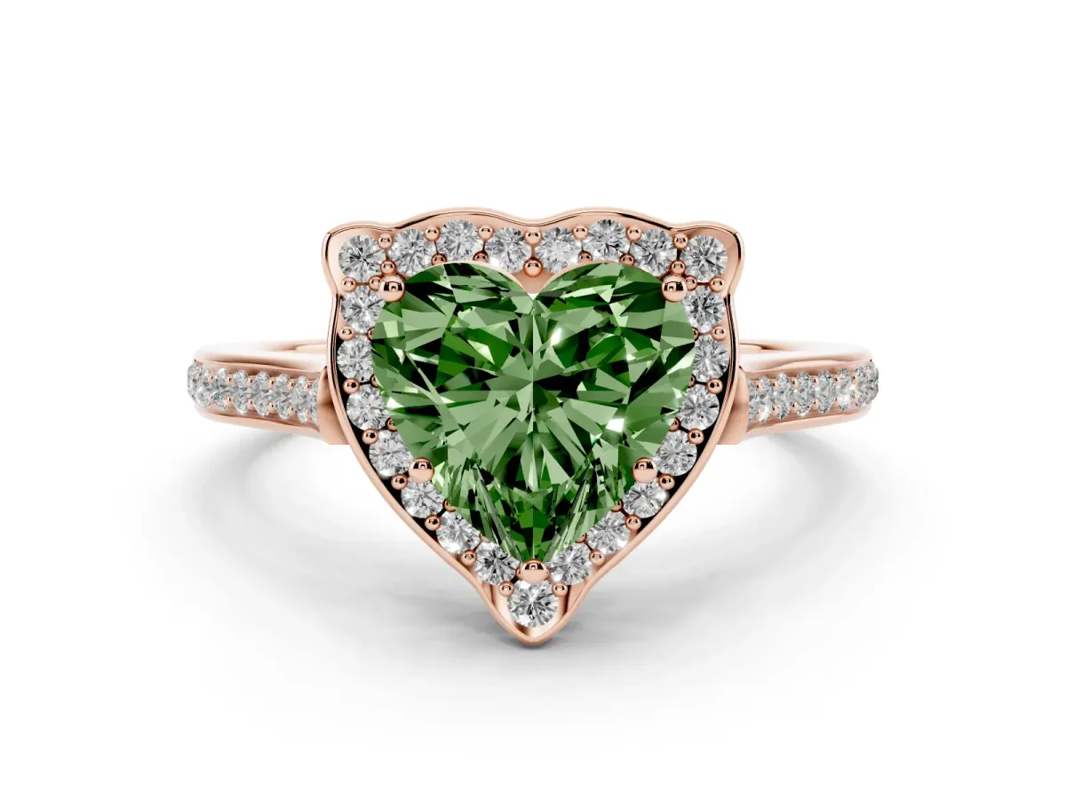 Fancy Green Heart Cut Diamond Halo Ring Set in Rose gold with Pavé-Lined Shoulders and Prong Setting
