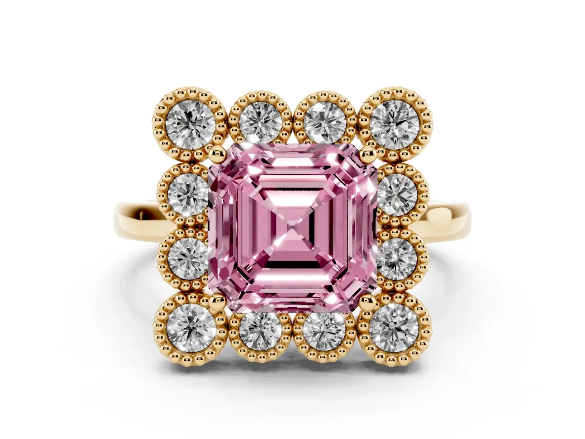 Fancy Pink Asscher Cut Diamond Cluster Halo Ring Set in Yellow gold with Milgrain Bezel Accents and Plain Band