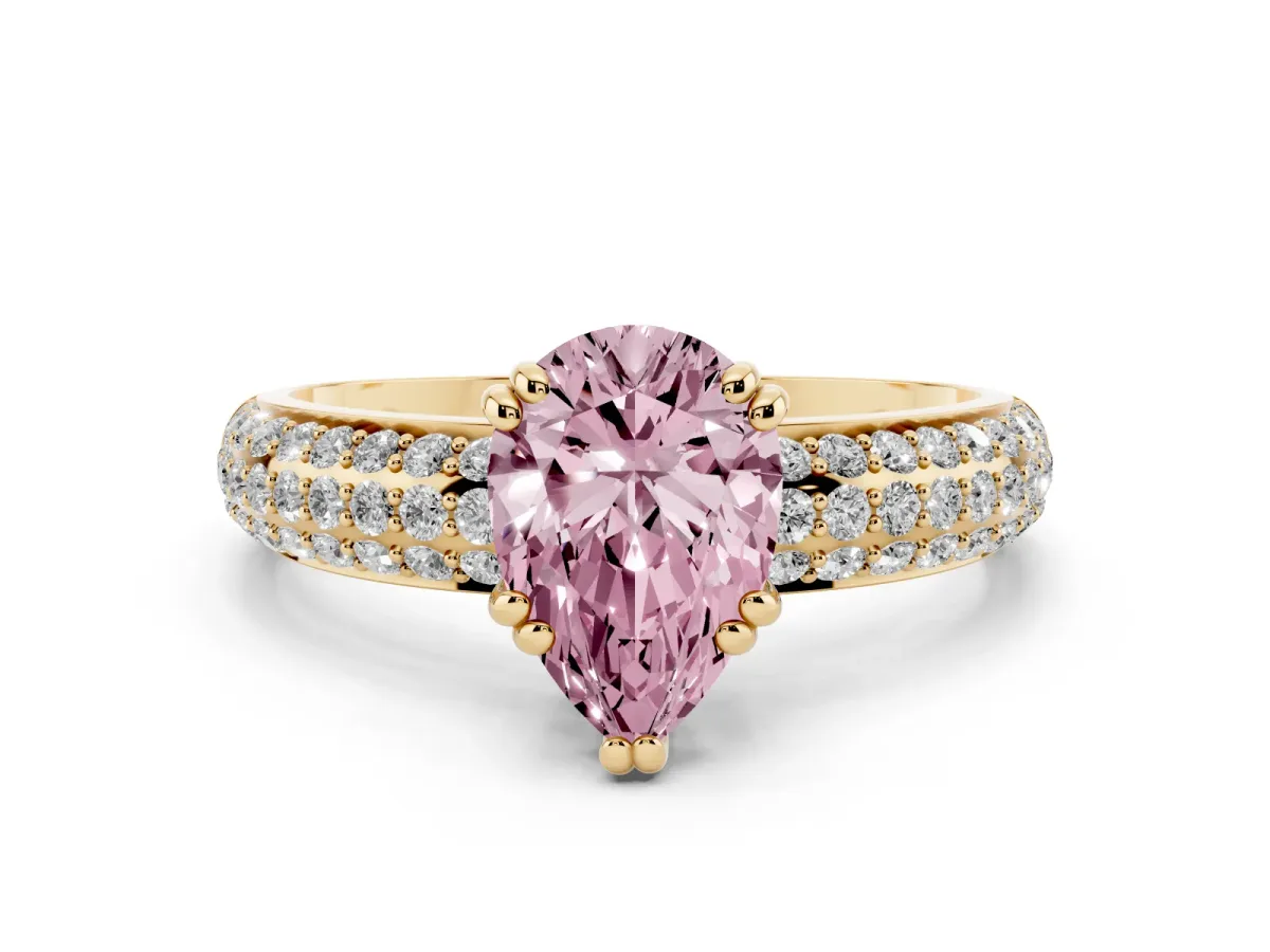 Fancy Pink Pear Cut Diamond Solitaire Ring Set in Yellow gold with Multi-Row Round Pavé Band and Prong Setting