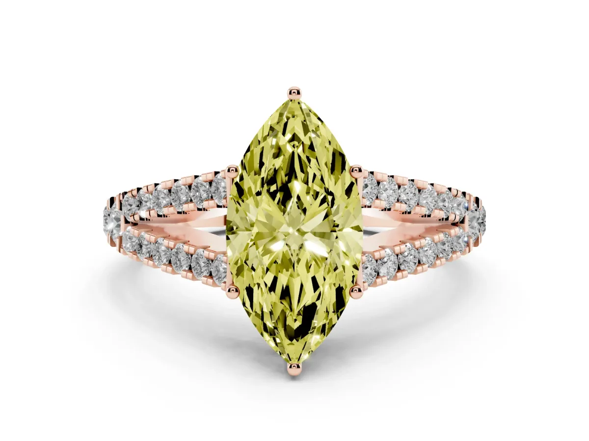 Fancy Yellow Marquise Cut Diamond Split Shank Pavé Engagement Ring Set in Rose gold with Prong-Held Center Stone