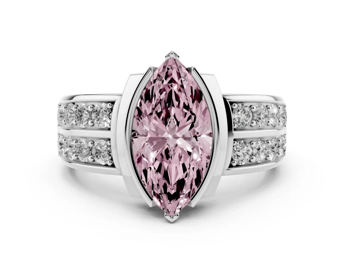 Fancy Pink Marquise Cut Diamond Wide Channel Set Band Ring Set in Silver with Bezel Setting
