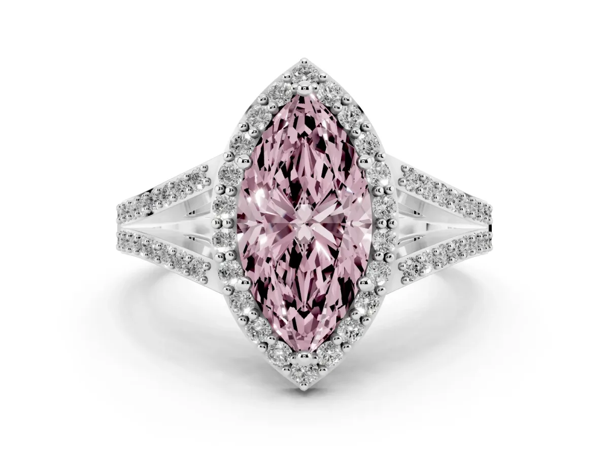 Fancy Pink Marquise Cut Diamond Halo Split Shank Pavé Ring Set in Platinum with Prong Setting